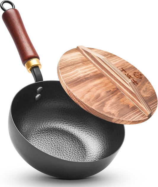 片手鍋 20cm 中華鍋蓋付き IH対応 ガス火 鉄鍋 一人鍋 ラーメン鍋 高熱効率 こげつきにくい ソースパン 焼く 茹でる 煮る 揚げる 北京鍋