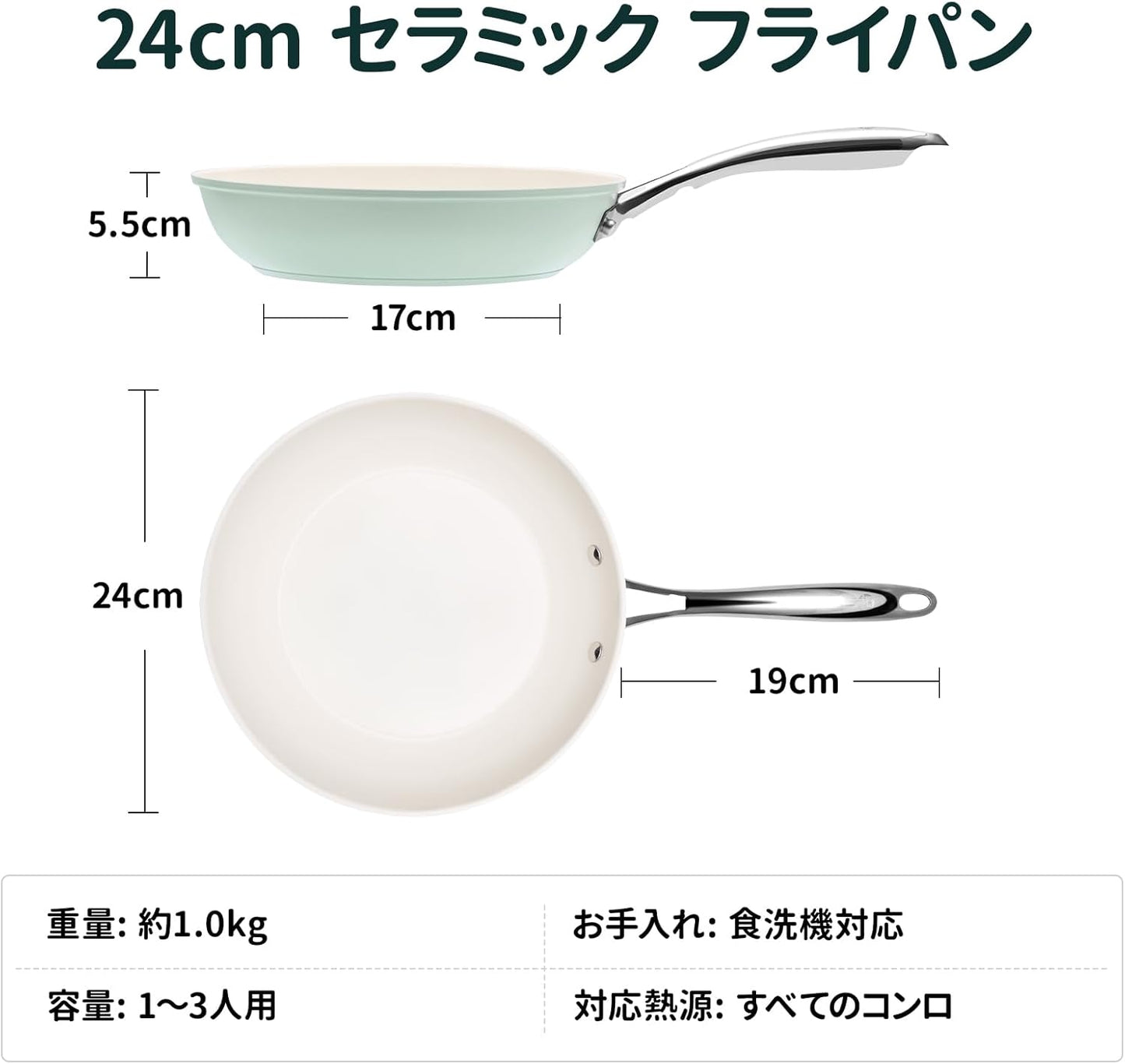 フライパン 24cm 軽量 高熱効率 IH ガス火対応 PFOA PFOS フリー セラミックコーティングフライパン こびりつきにくい こげつきにくい お手入れ簡単 食洗機対応 (ライトグリーン, 24cm)
