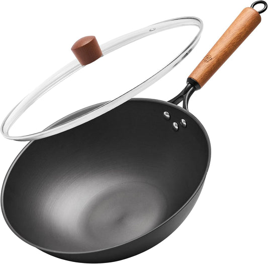 中華鍋IH 炒め鍋 32cm フライパン 鉄 無塗装 窒化鉄 IH・ガス対応 焦げつき防止 錆びにくい 高温調理対応 木製ハンドル 多機能鍋 肉料理・煮込み・炒め物に最適 ガラス蓋付き 家庭用