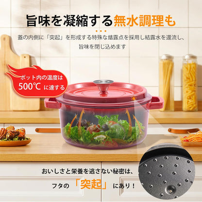 ホーロー鍋 24cm 両手鍋 無水調理鋳物鍋 蓋付き キャセロール IH対応 ガス火・オーブン可 煮る 茹でる 蒸す 揚げる 多機能 家庭用