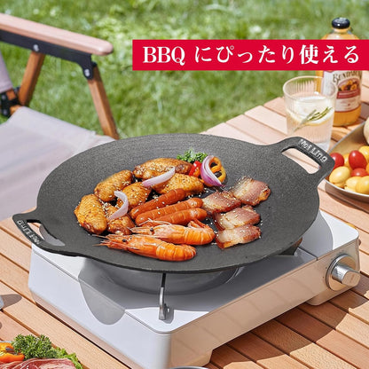 マルチグリドル 28cm IH ガス 焚き火 直火対応 铸鉄 コーティングなし 鉄板 焼肉 キャンプ アウトドア バーベキュー オイルブラシ スコップ付き (ブラック, 28cm)